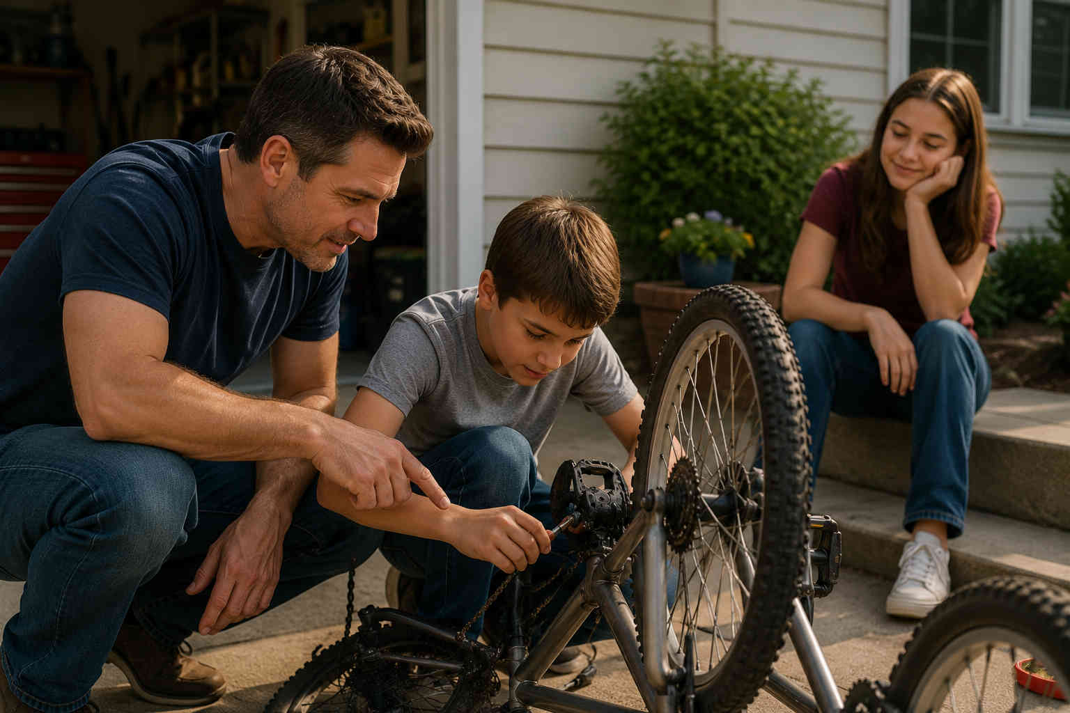 Father encourages his son to keep working on a bicycle repair while his daughter watches from the steps nearby