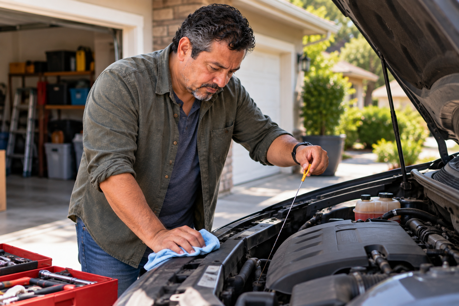 Man maintaining his car in the driveway as part of planning for predictable expenses after divorce