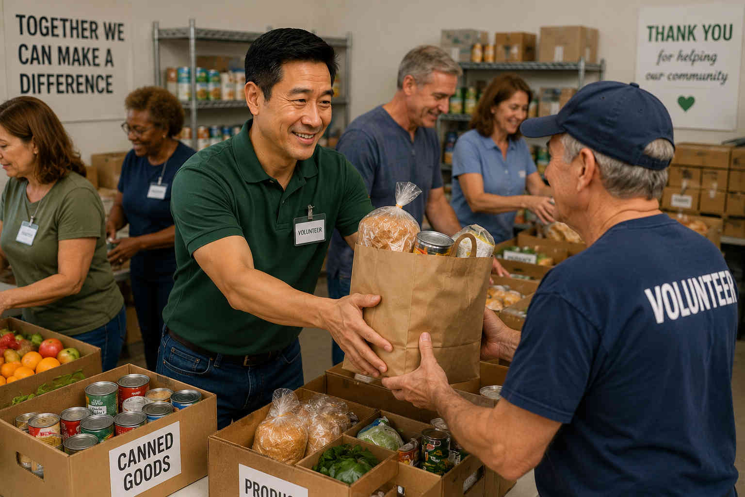 Divorced man volunteering with other adults at a community food pantry