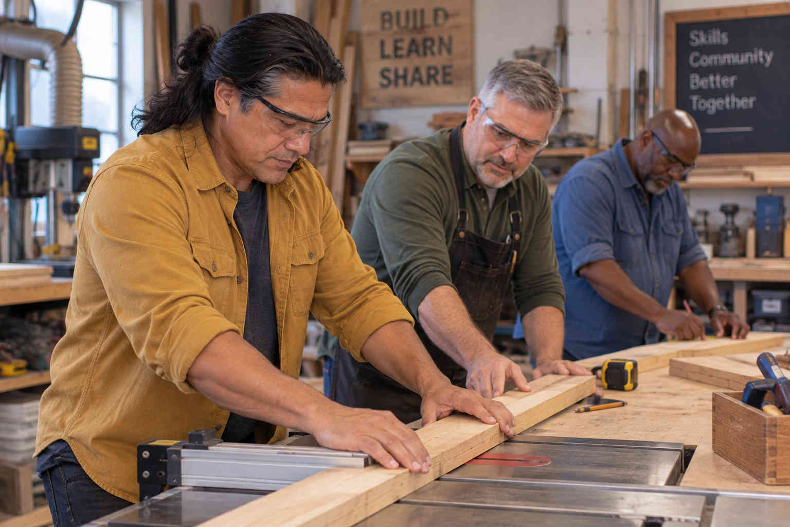 Man working with other men in a community woodworking shop