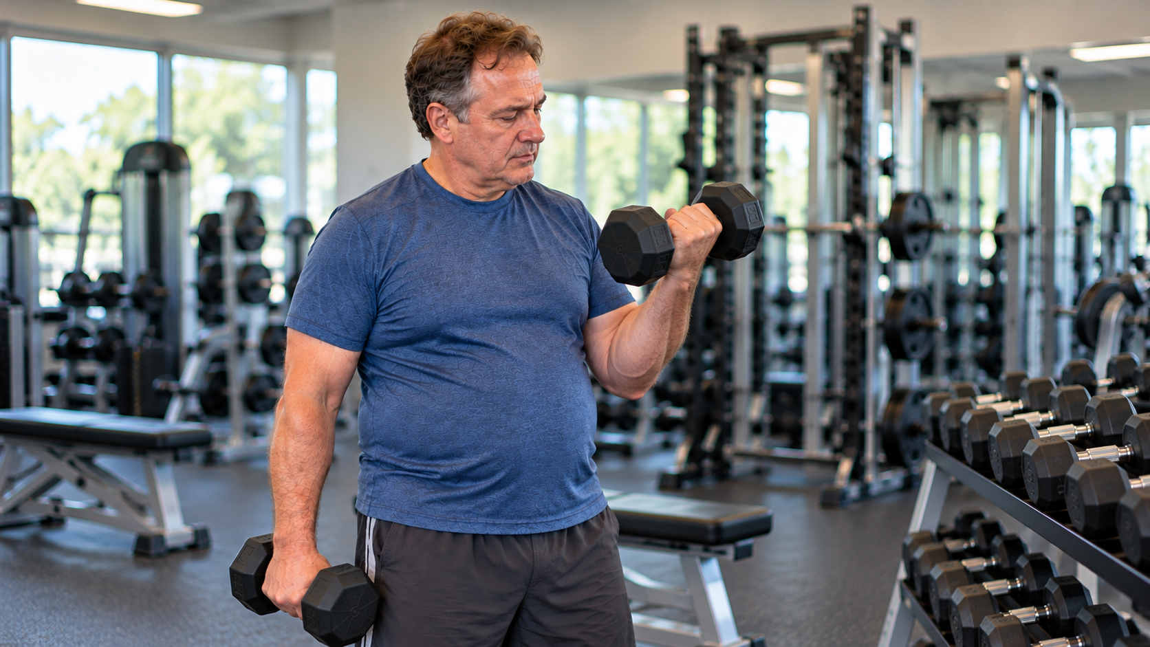 Man over fifty performing a dumbbell curl at the gym