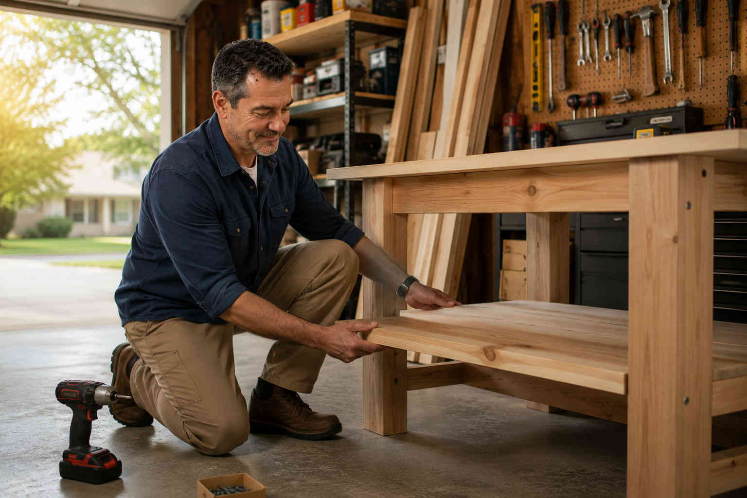 Middle-aged man assembling a sturdy wooden workbench in his garage as he focuses on building his new life