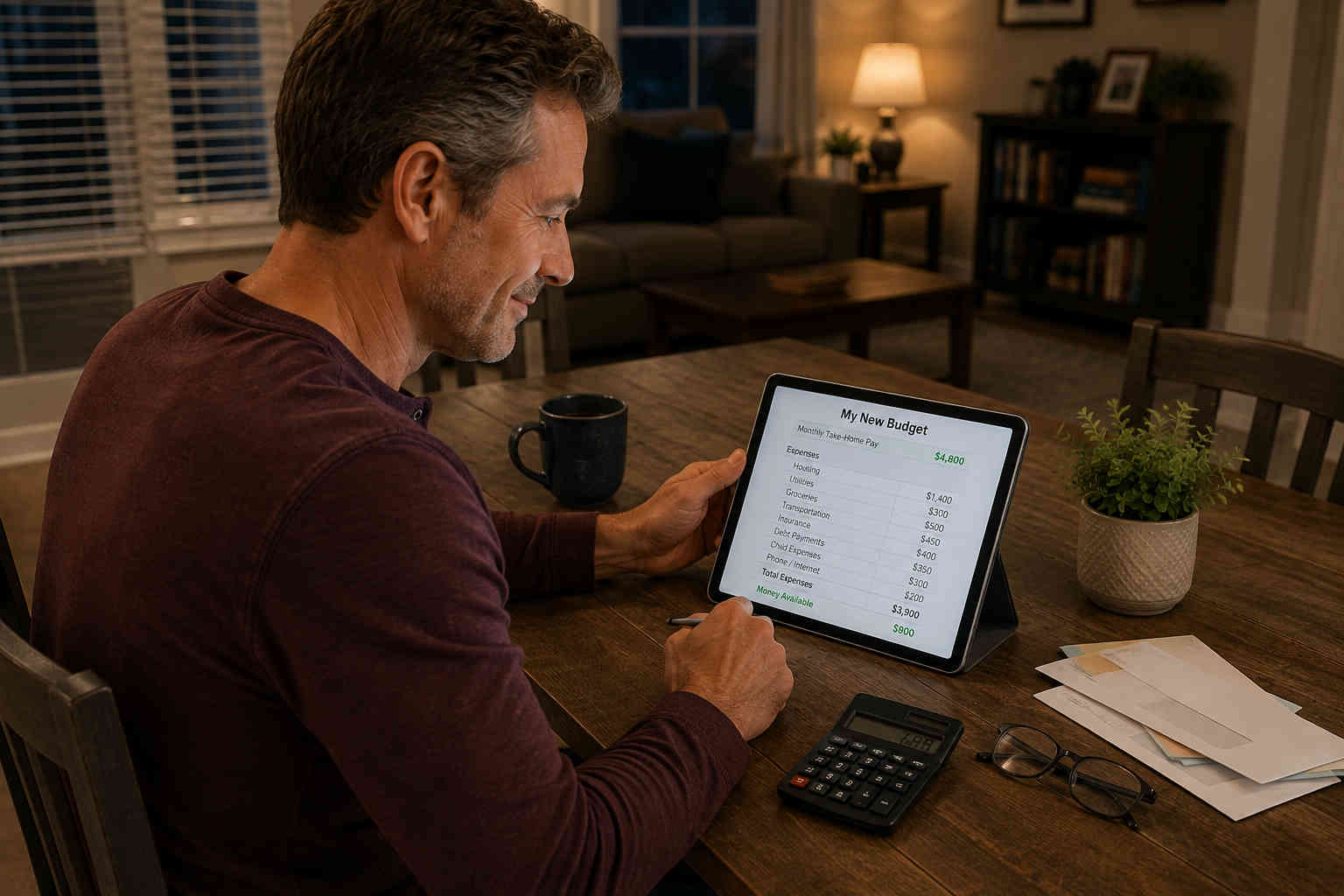 Man reviewing a new post-divorce household budget on a tablet at his dining table