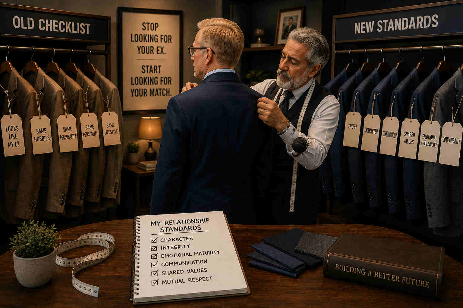 Blond divorced man being fitted for new standards in a tailor shop with old checklist and new standards racks