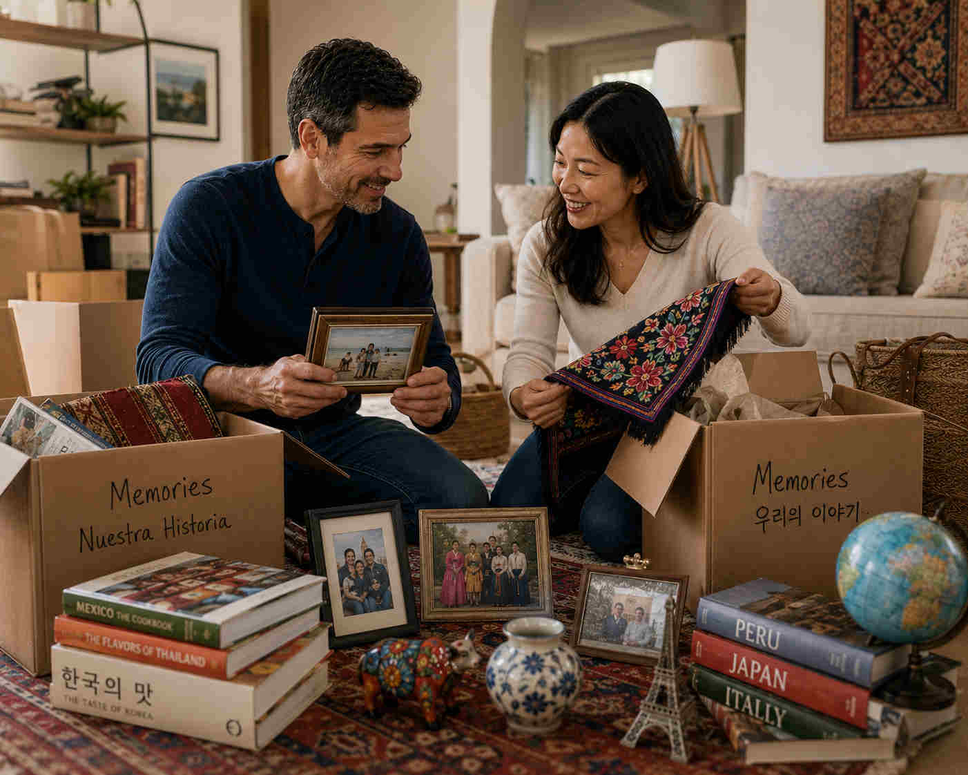 Couple unpacking moving boxes with family photographs cookbooks souvenirs textiles and keepsakes from two cultures