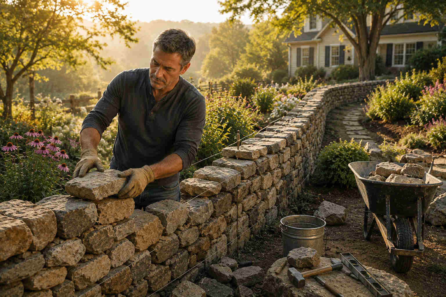 A middle-aged man carefully places one stone at a time while building a garden wall, symbolizing lasting change through steady habits