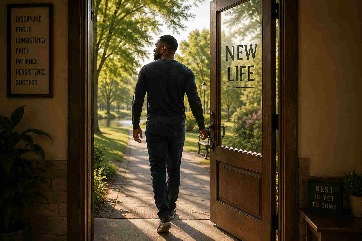 Divorced man walking through a door marked New Life into a peaceful park setting