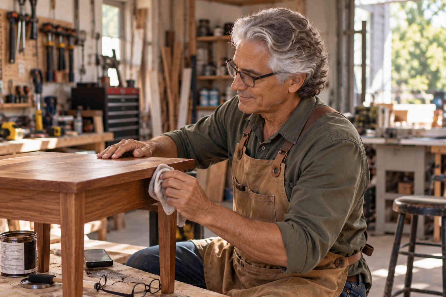 Older man finishing a handmade wooden table in a woodworking shop