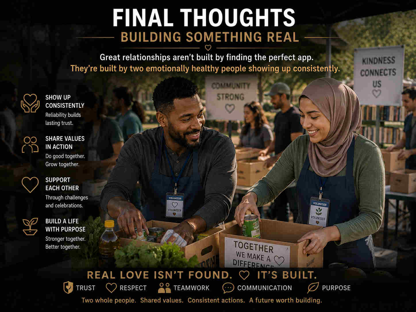 Man and Muslim woman volunteering together at a community garden event and building connection through shared values