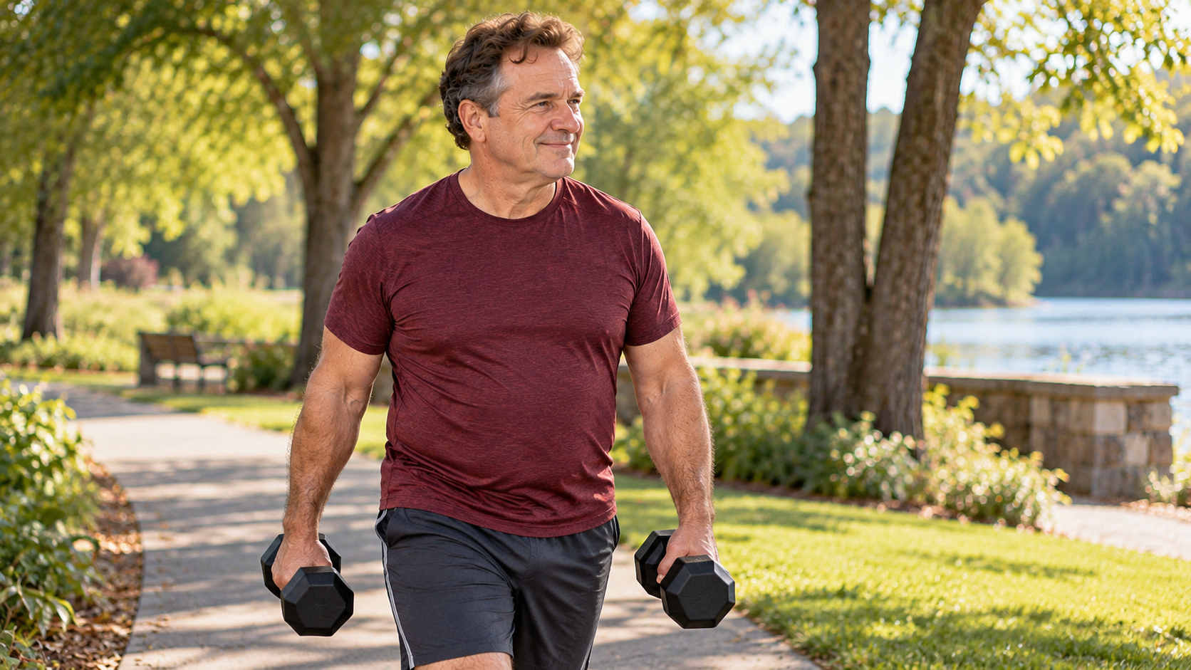 Man over 50 carrying dumbbells during an outdoor strength-training workout