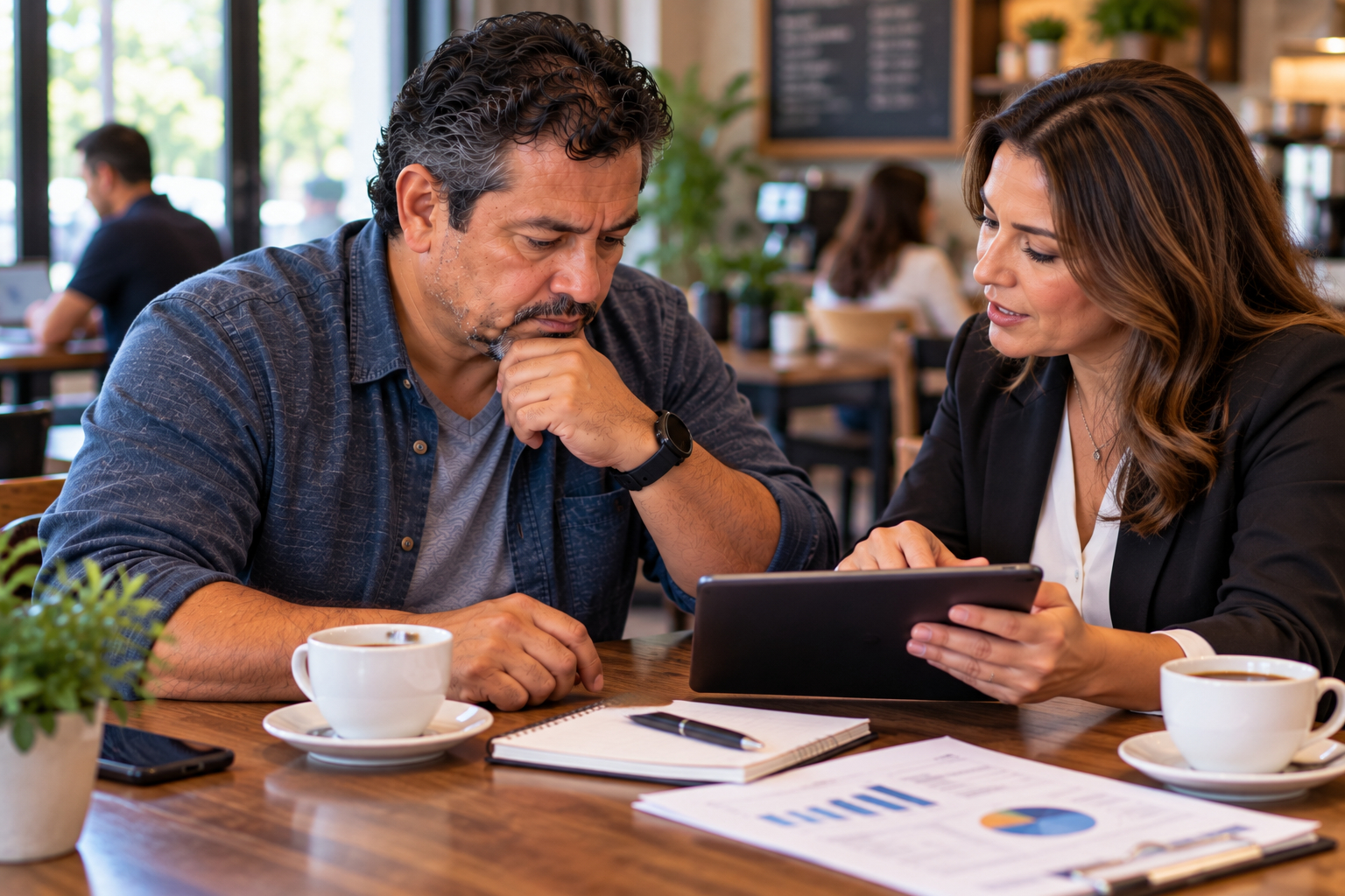 Divorced man meeting with a financial professional and reviewing a long-term plan on a tablet