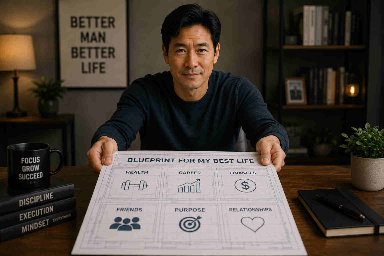 Korean man in his 40s sliding a life blueprint toward the viewer with categories for health career finances friends purpose and relationships