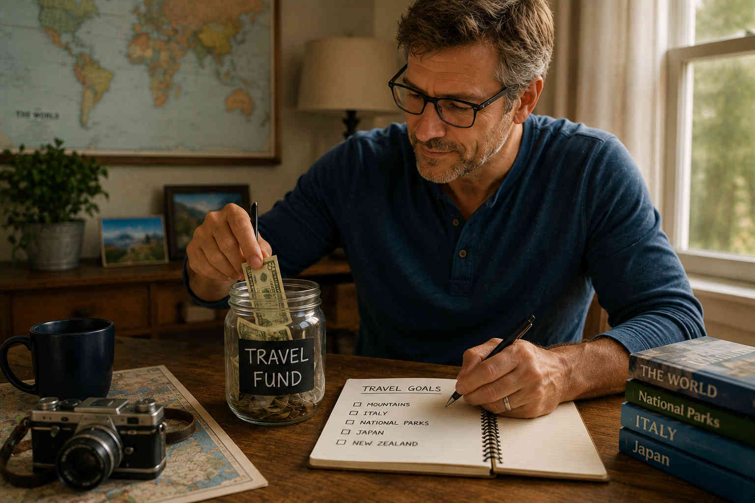 Man putting cash into a jar labeled Travel Fund while reviewing travel goals at his desk