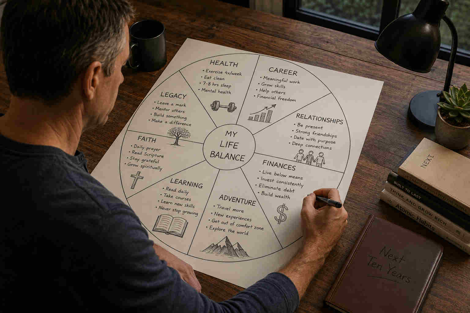 Over-the-shoulder view of a man drawing a wheel of life with sections for health, career, relationships, finances, adventure, learning, faith, and legacy