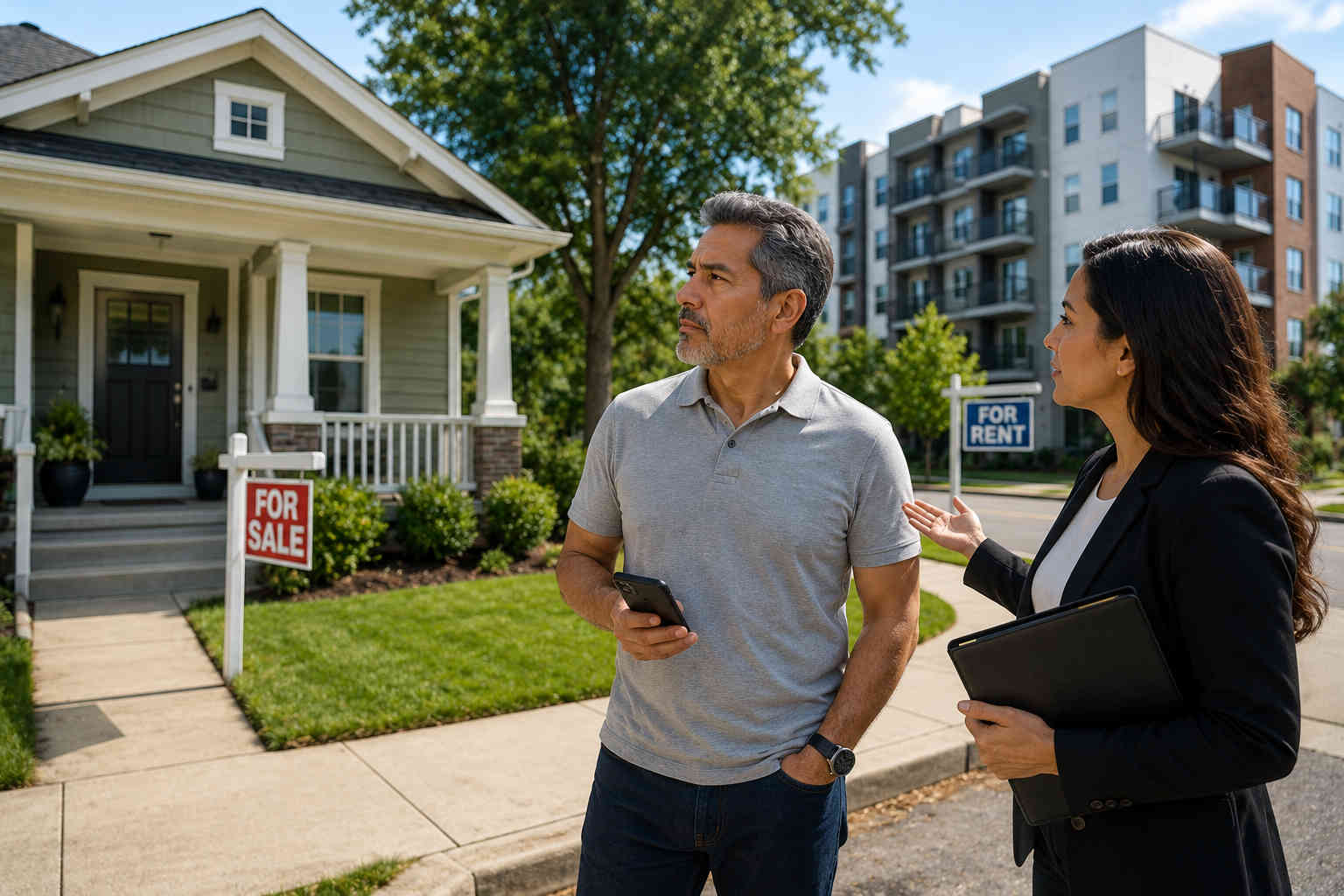 Hispanic man considering a house for sale while a nearby apartment building displays a for-rent sign after divorce