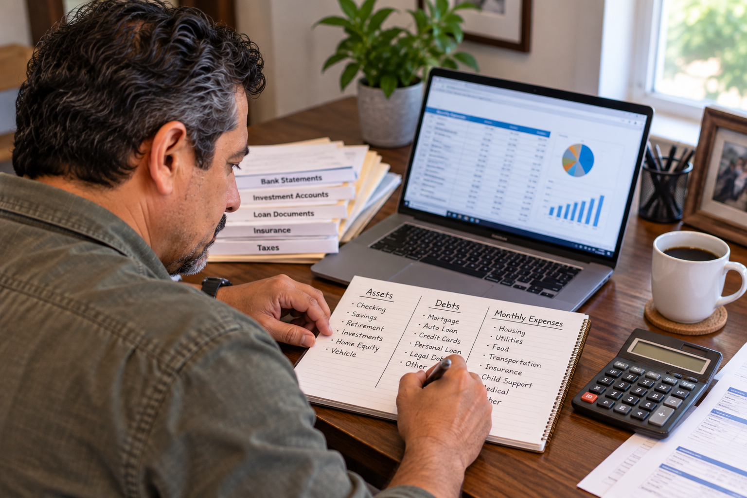 Divorced man calculating assets, debts and monthly expenses to determine his financial starting point