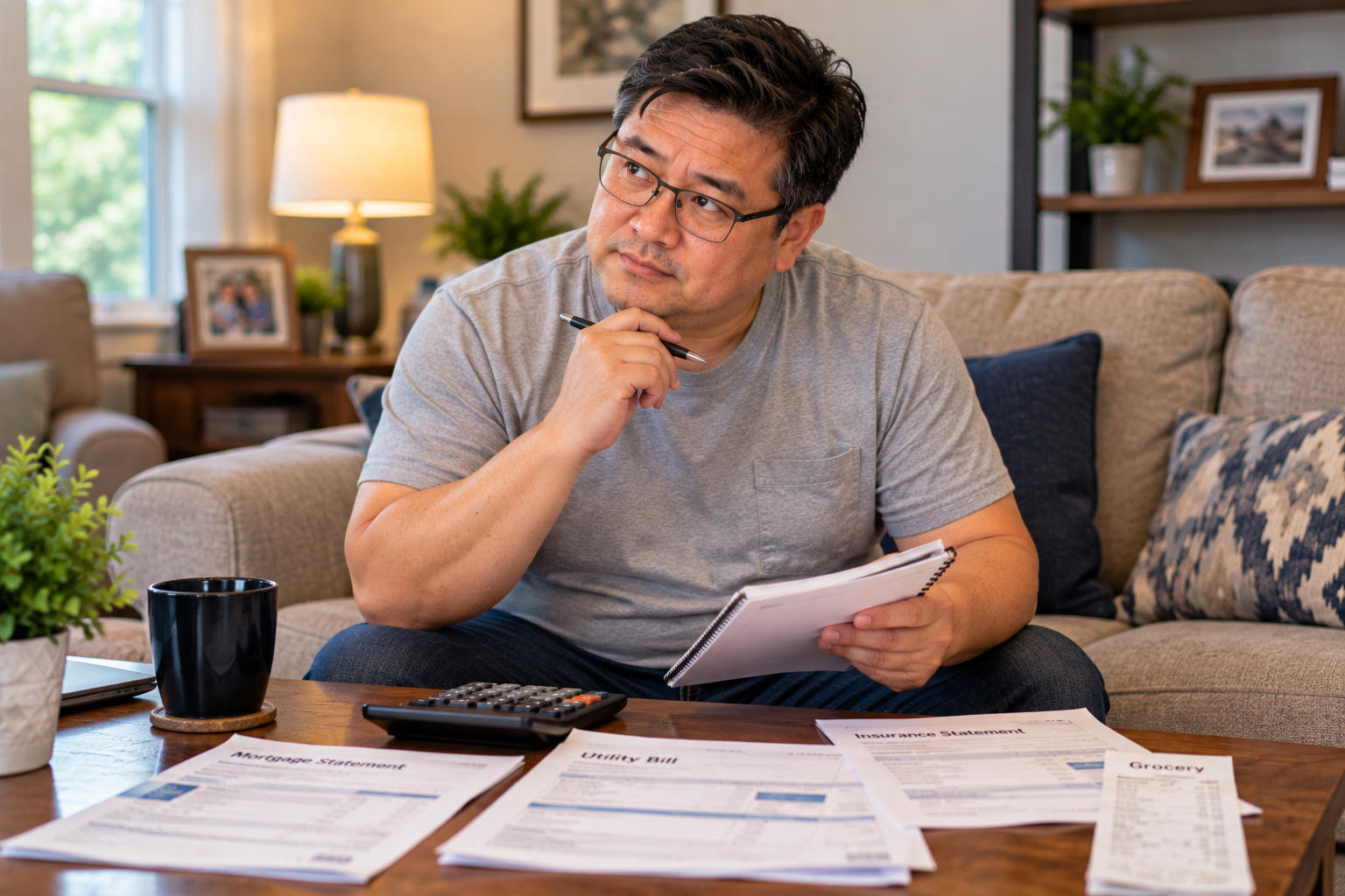 Man calculating his essential monthly expenses from household bills