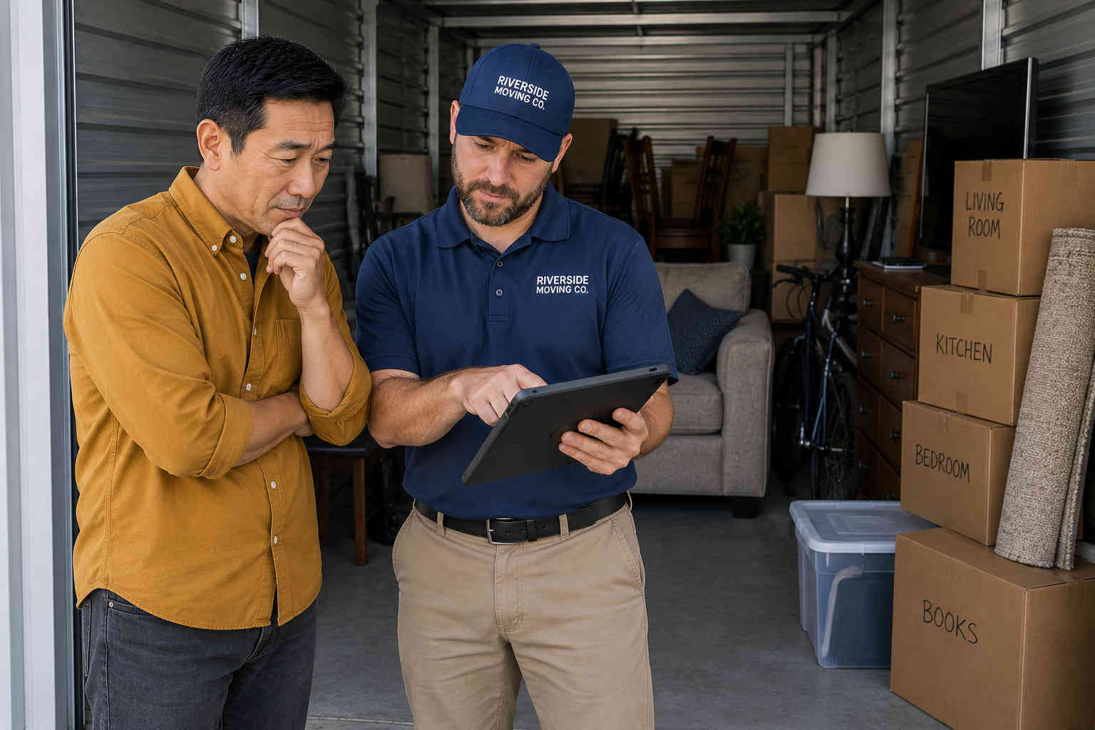 Divorced man reviewing a relocation estimate with a moving company employee beside stored household belongings