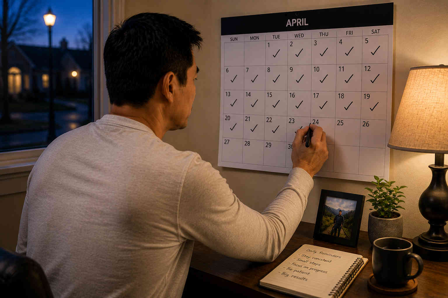Over-the-shoulder view of a man marking another completed day on a wall calendar