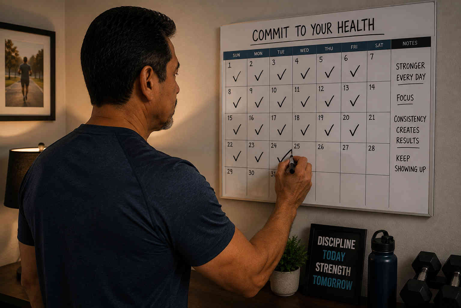 Over-the-shoulder view of a man marking another completed workout on a wall calendar