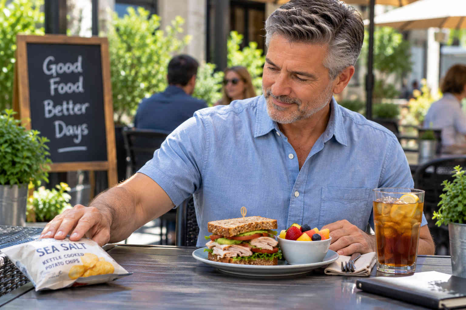 Man choosing a substantial sandwich and fruit lunch instead of focusing only on the lowest-calorie snack
