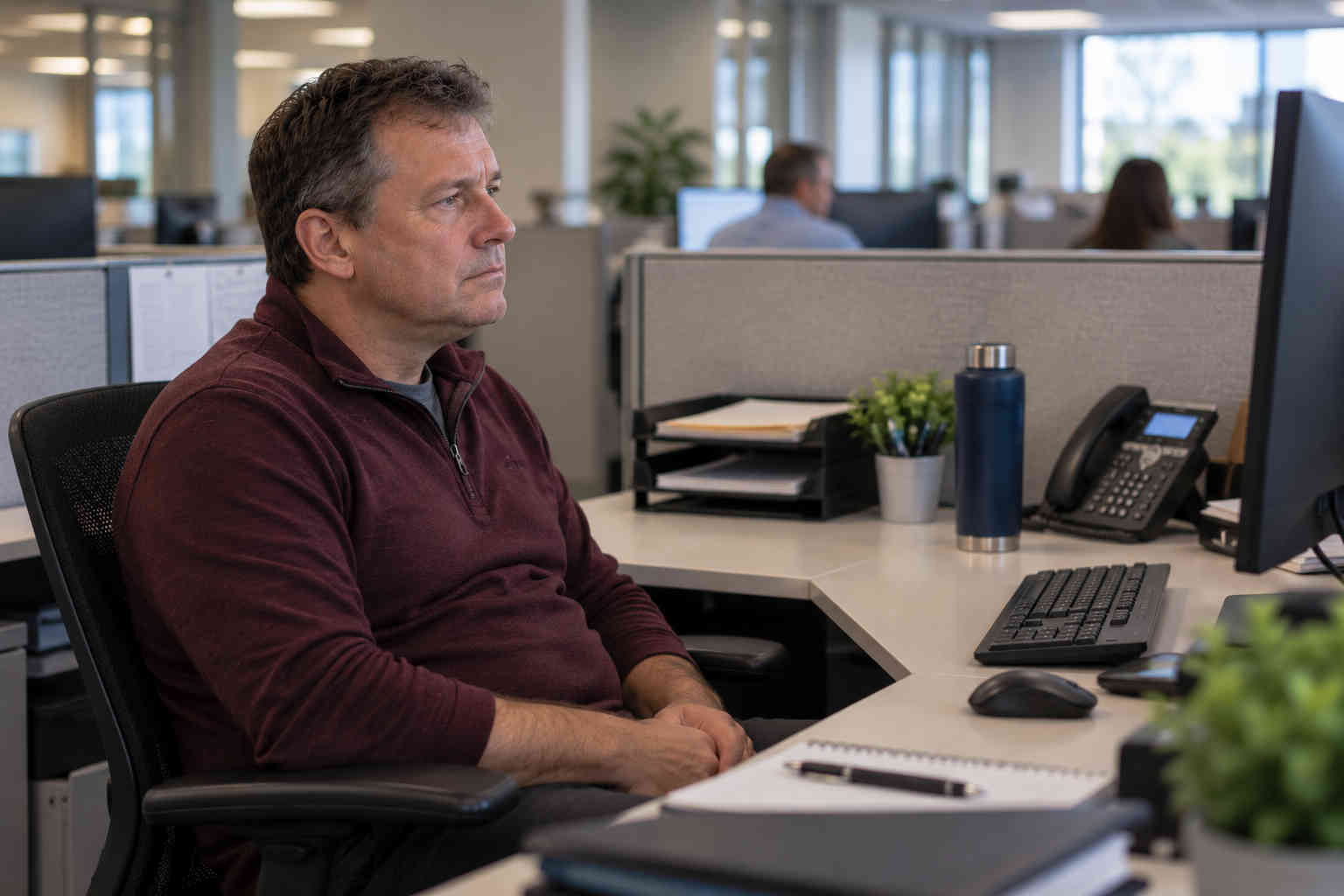 Man sitting at his office desk struggling with career motivation after divorce