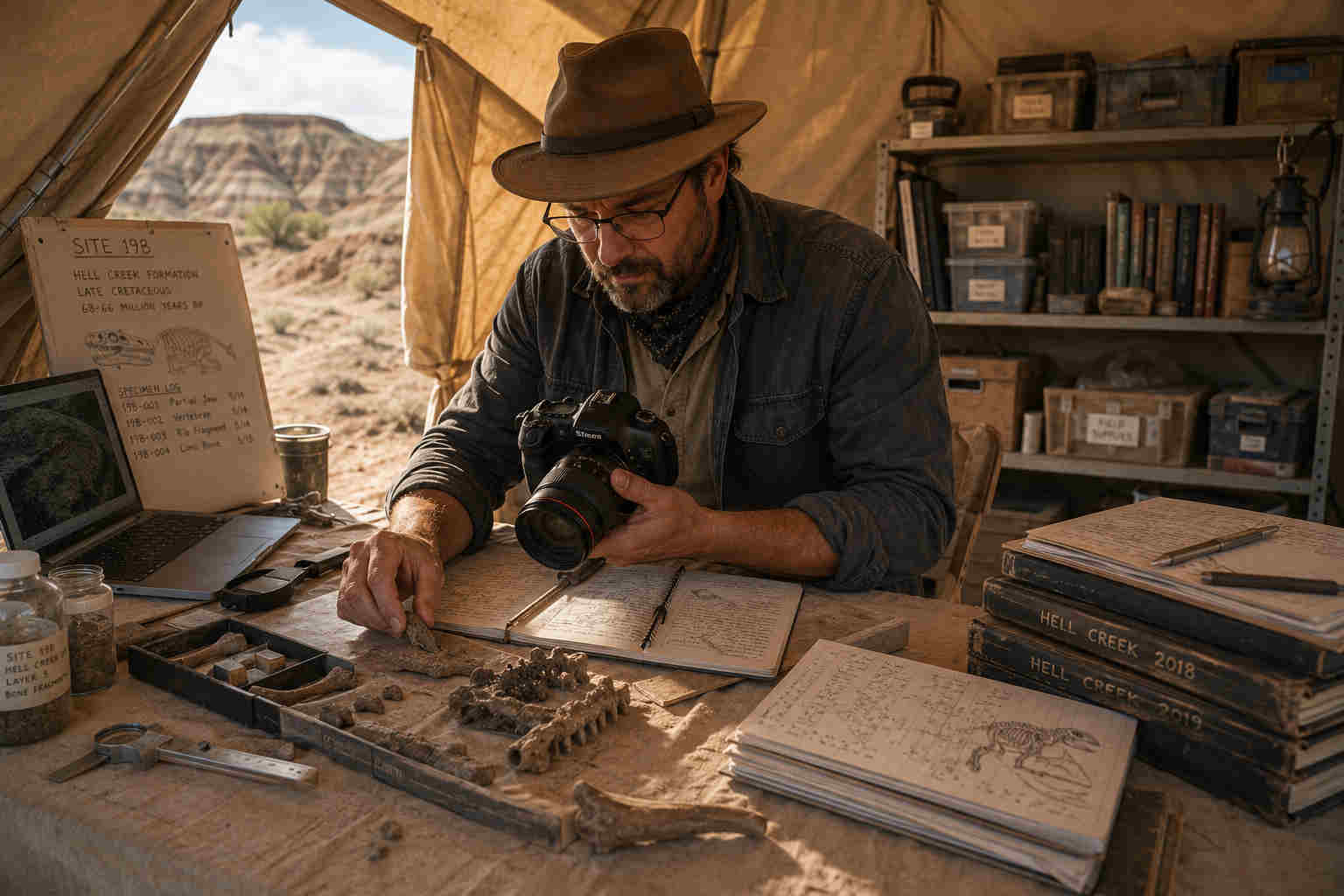 Paleontologist photographing fossils, recording measurements, labeling specimens, and organizing field journals