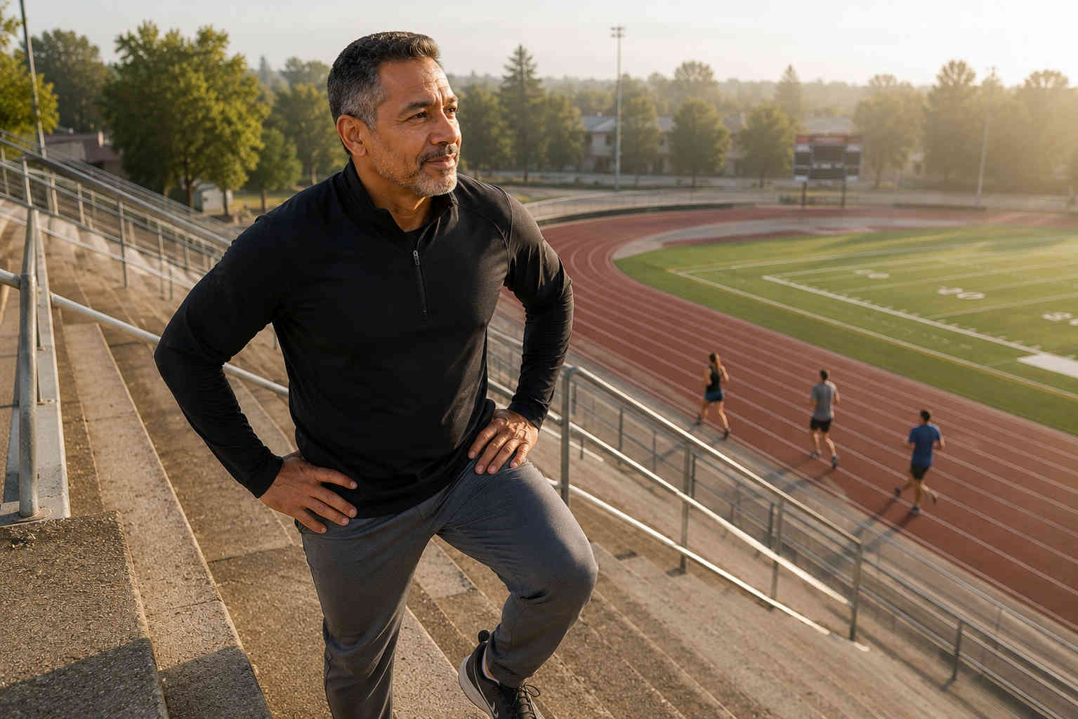 Older man climbing stadium steps during a morning workout as a metaphor for making up financial ground