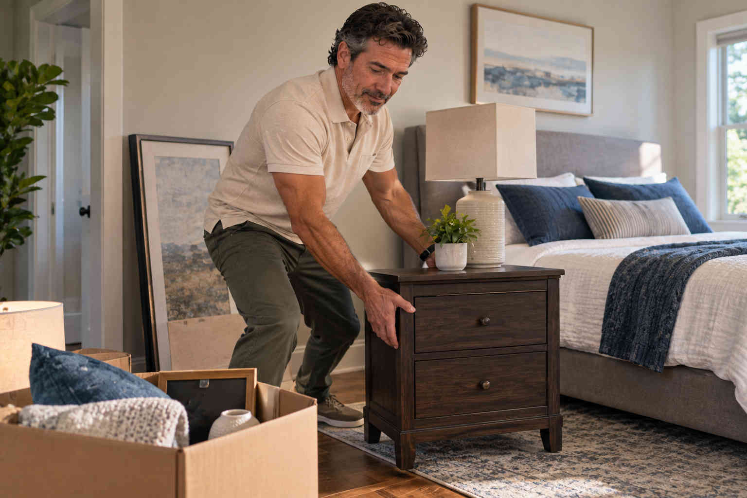 Man rearranging his bedroom and changing the space after divorce