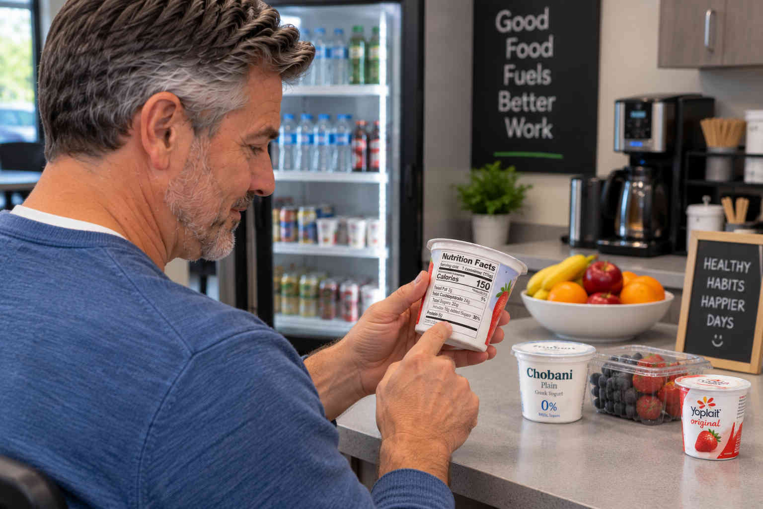 Over-the-shoulder view of a man checking the added sugar line on a yogurt Nutrition Facts label