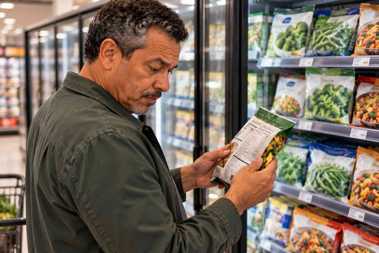 Man reading the nutrition and ingredient panel on a frozen vegetable package in a grocery store
