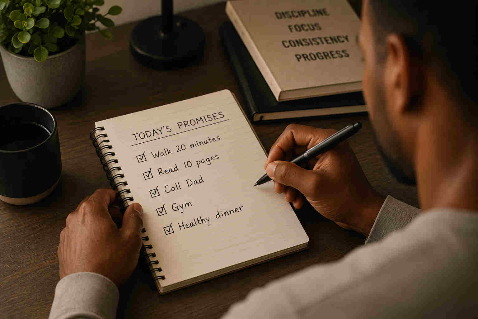 Over-the-shoulder view of a man checking completed daily promises in a notebook