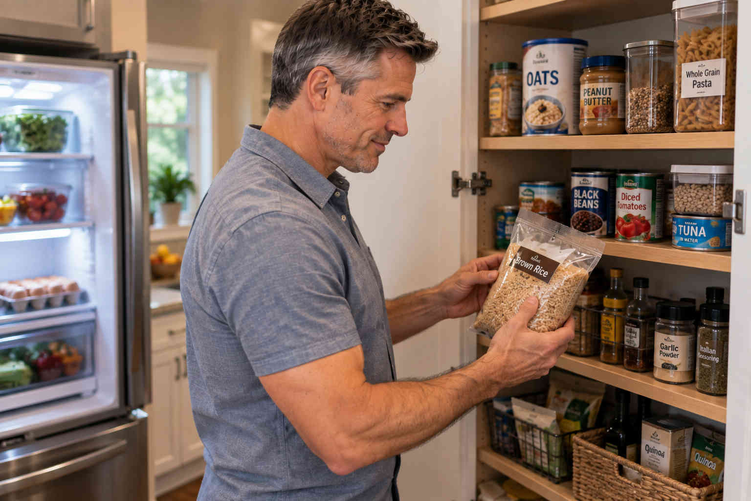 Man checking brown rice and other pantry staples before making his weekly grocery list