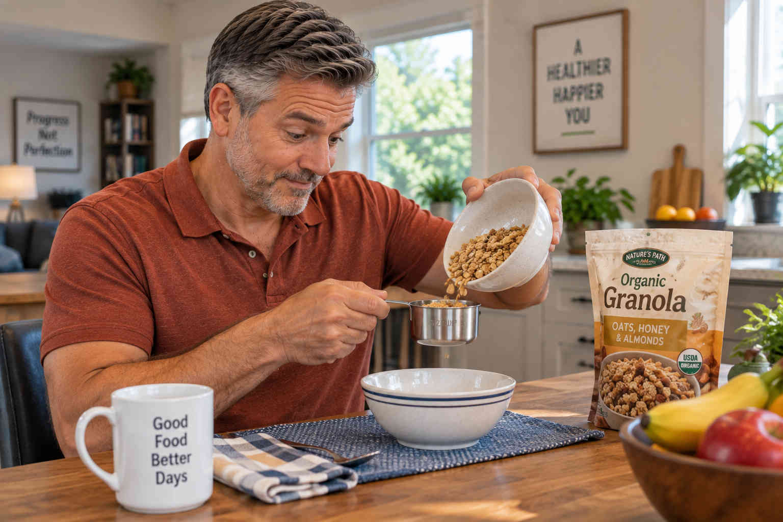 Man using a measuring cup to see what a listed granola serving size actually looks like