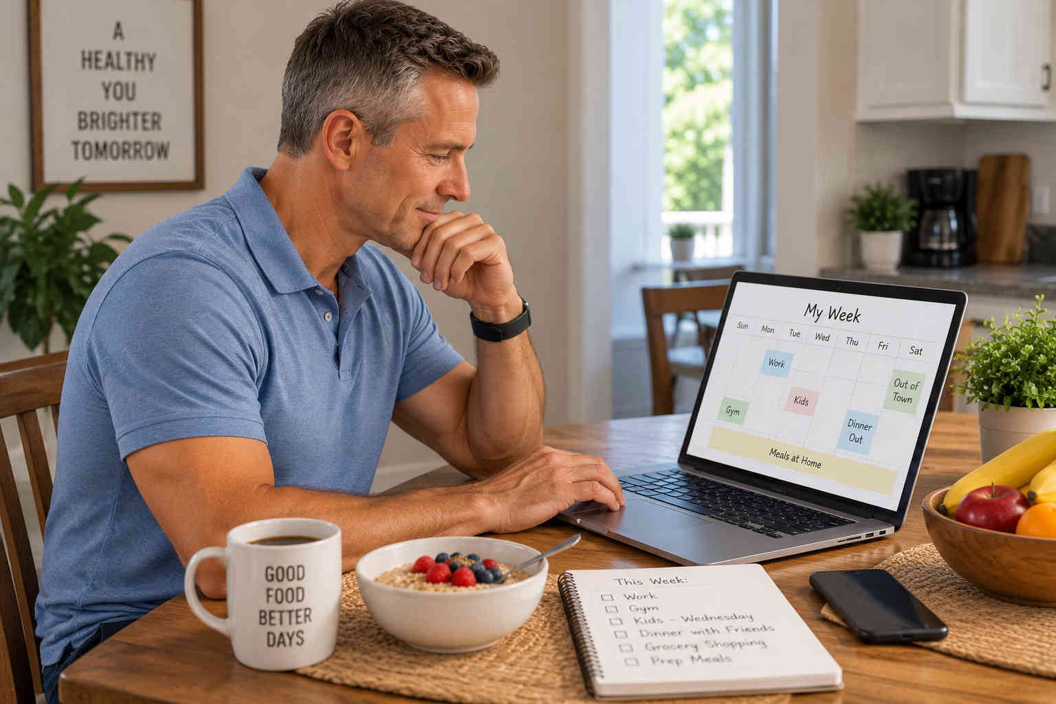 Middle-aged man checking his weekly schedule on a laptop before deciding how many meals to buy groceries for