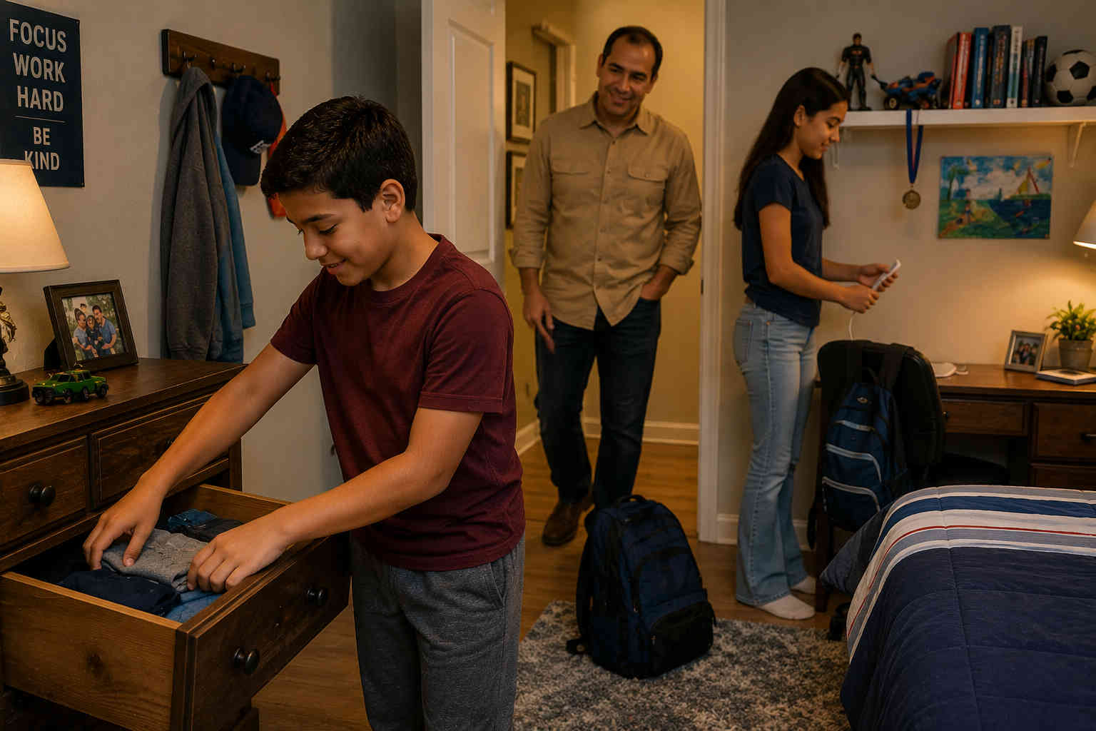 Boy finding clothes already waiting in his dresser at Dad's house while his father and sister are nearby