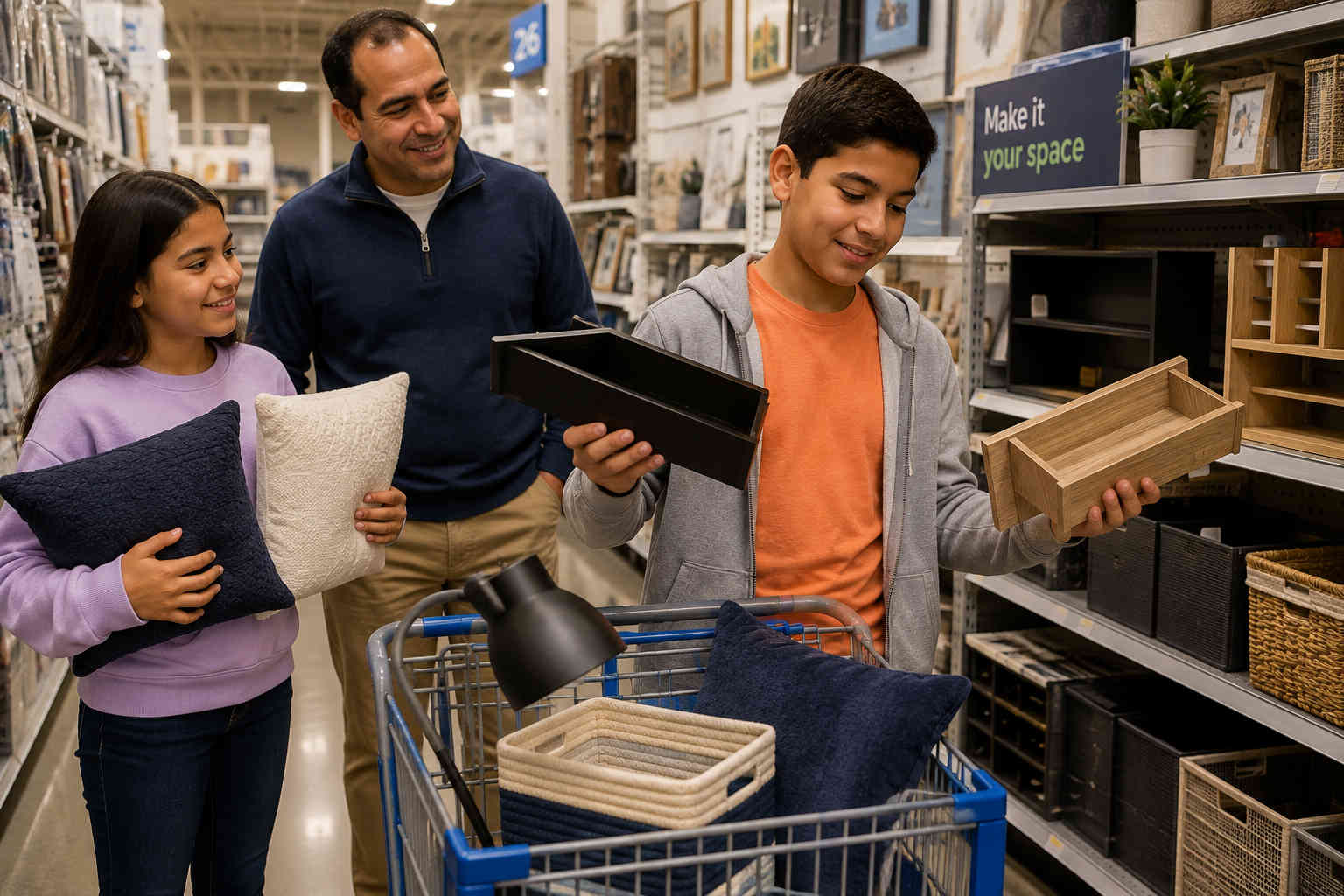 Father and daughter watching as a boy chooses room items in a home goods store for his space at Dad's house