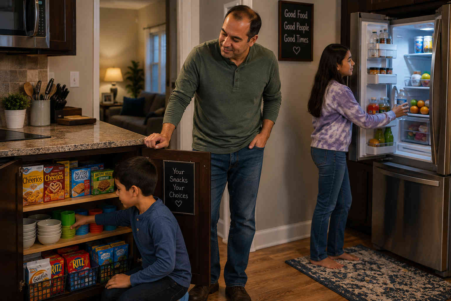 Father watching his son choose a snack from a low kitchen cabinet while his daughter gets a drink from the refrigerator at Dad's house
