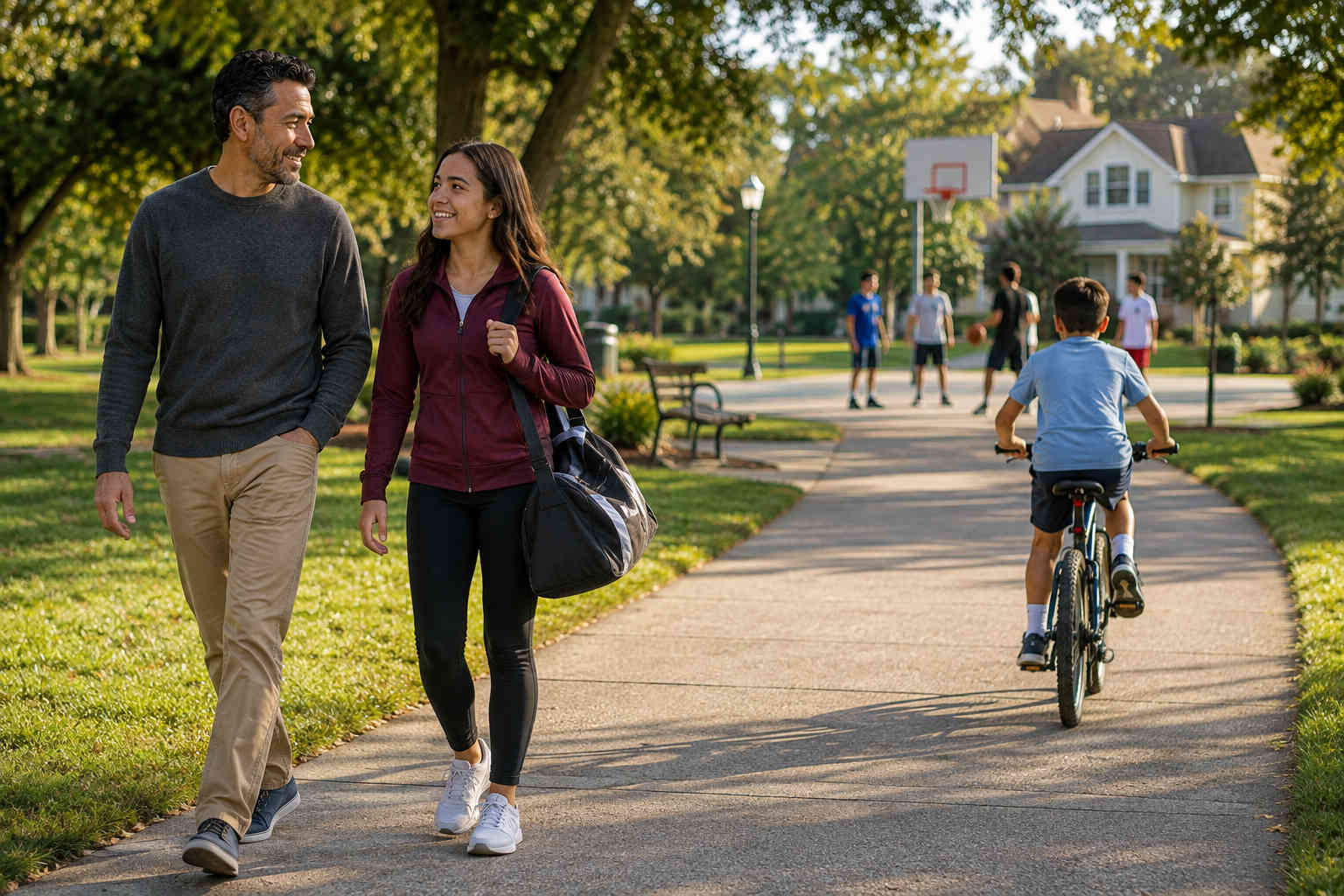 Father walking through a neighborhood park with his teenage daughter while his younger son rides a bicycle toward nearby activities