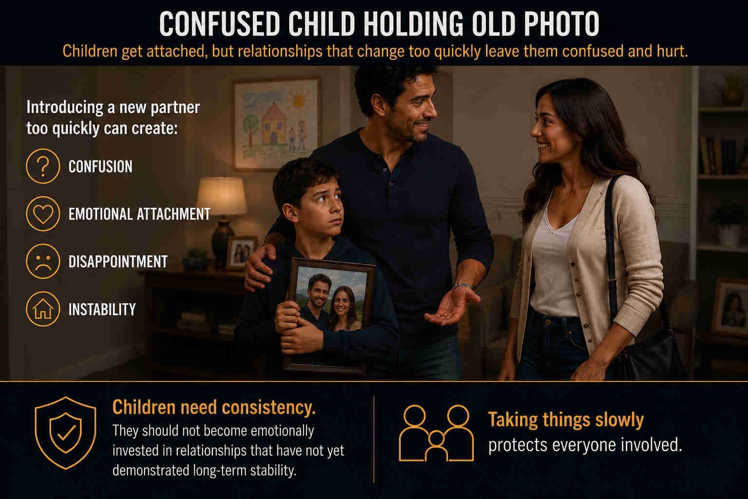 A confused child holding an old photo while being introduced to a new partner too quickly after divorce