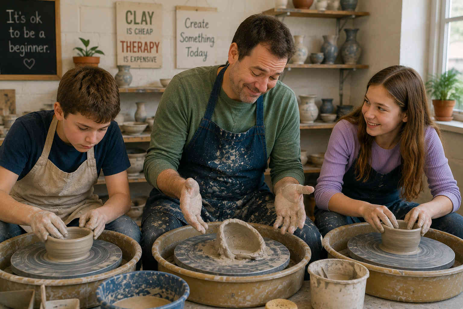 Father and his children learning pottery together while Dad laughs at his imperfect first attempt