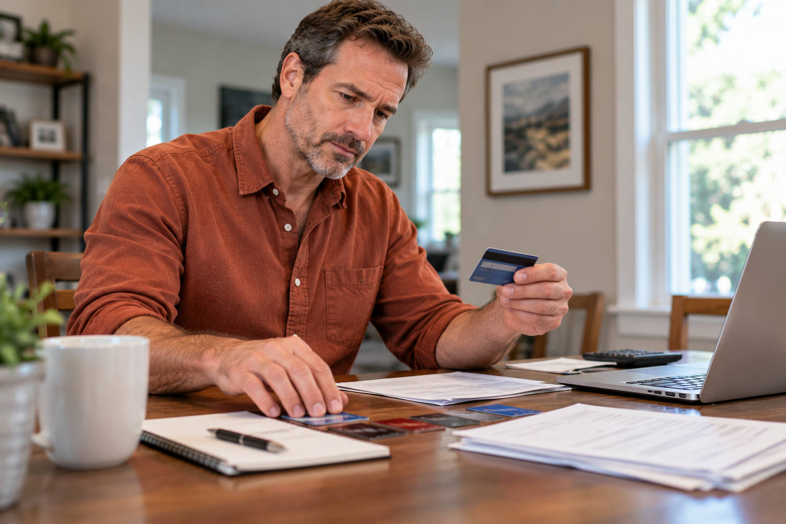 Man comparing credit cards and deciding which debt to pay first