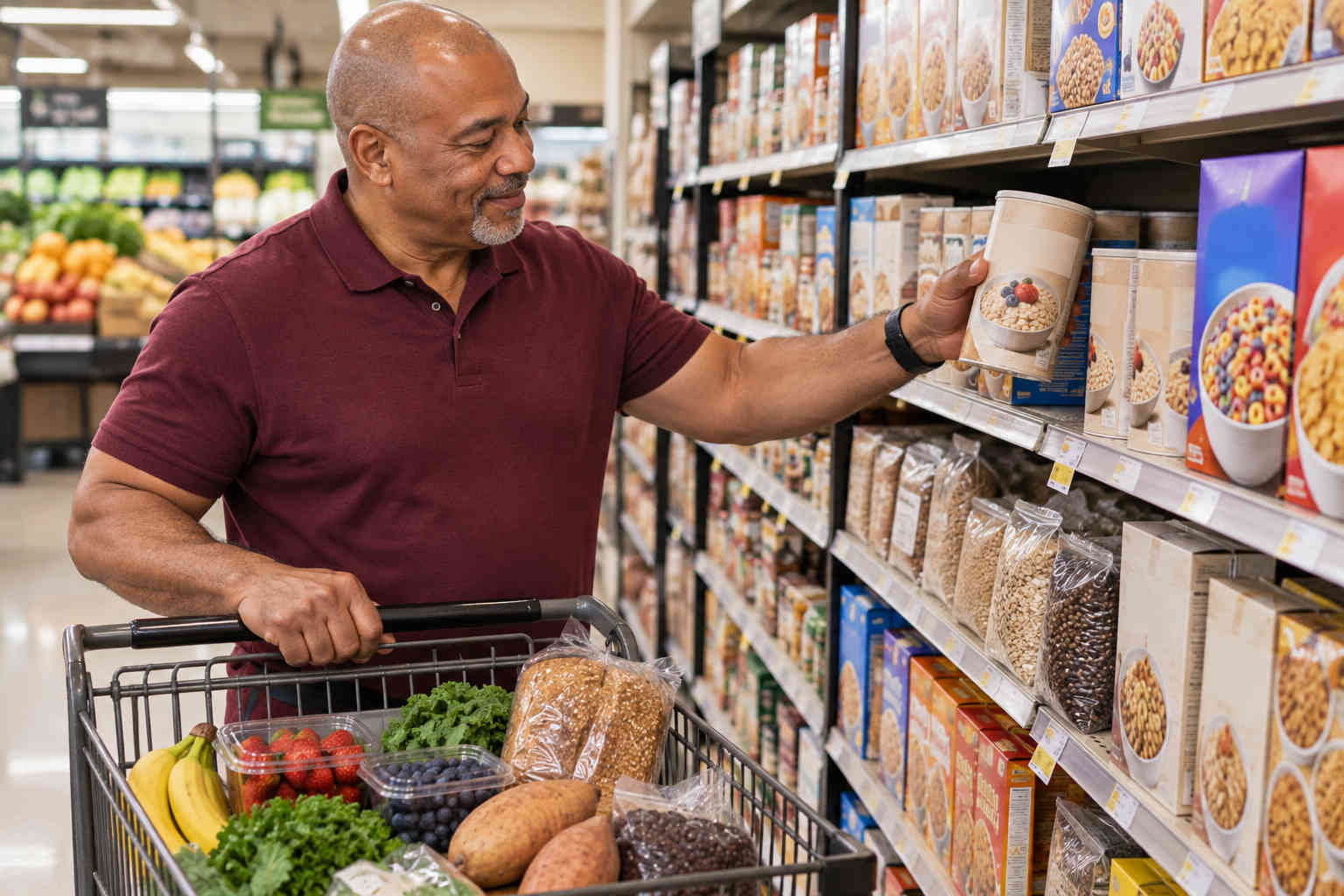 Man choosing oats in a grocery store while shopping for fruit, vegetables, whole-grain bread, beans, and potatoes
