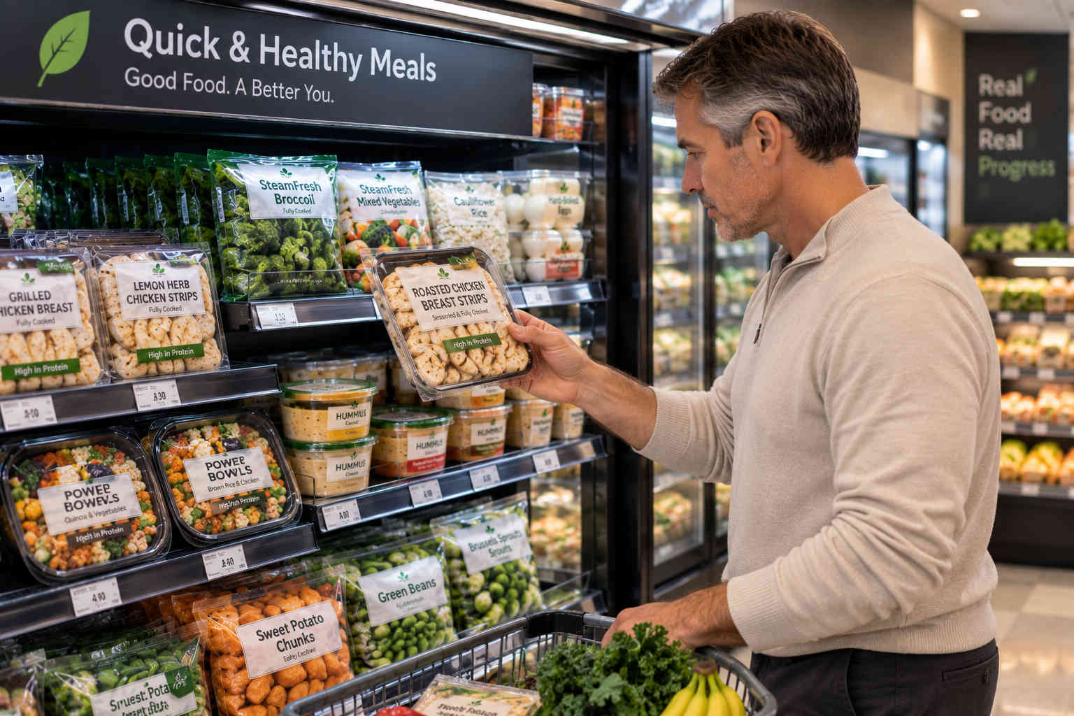Man choosing ready-to-eat grilled chicken and other healthy convenience foods in a refrigerated grocery aisle