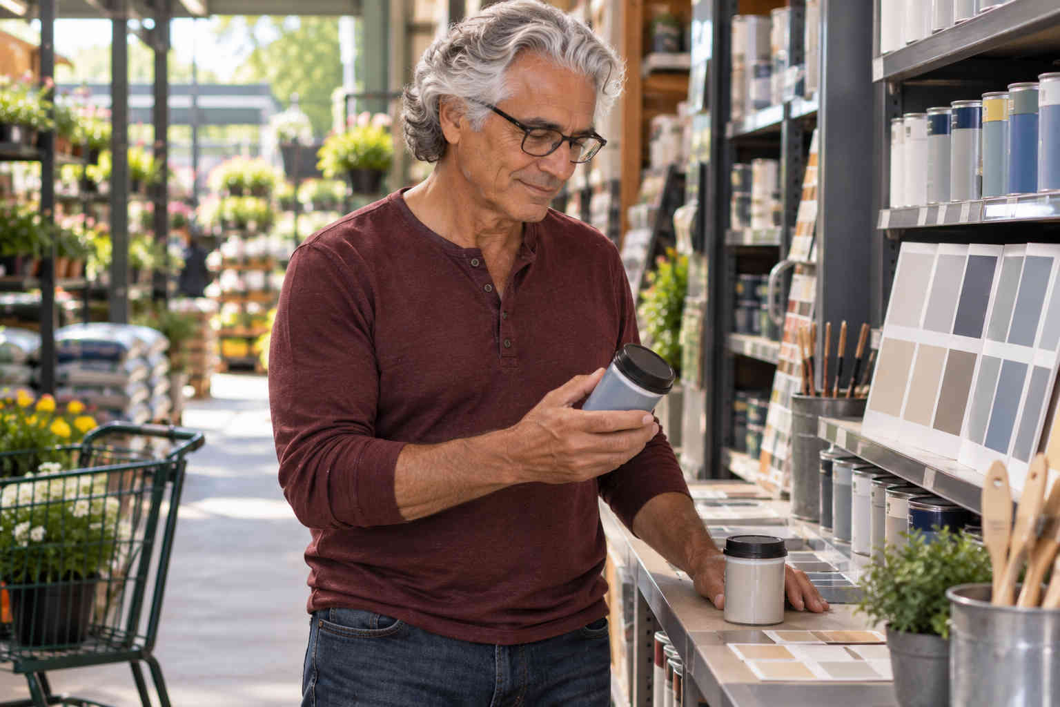 Older man choosing paint at a home improvement store as he makes decisions for his own home