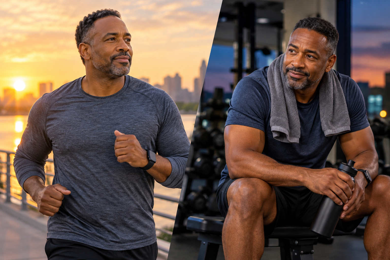 A man compares an evening outdoor run with recovering after a gym workout