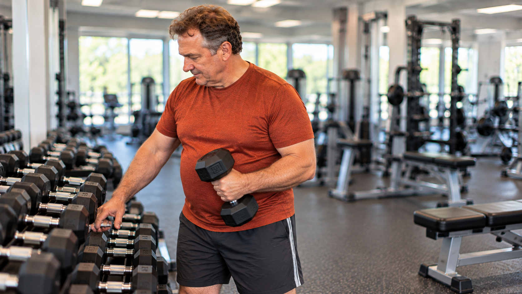 Man choosing an appropriately sized dumbbell from a rack