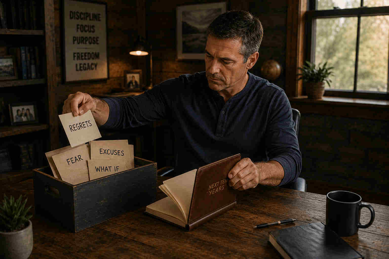 Man clearing papers marked regrets, fear, excuses, and what if while opening a notebook for the next ten years
