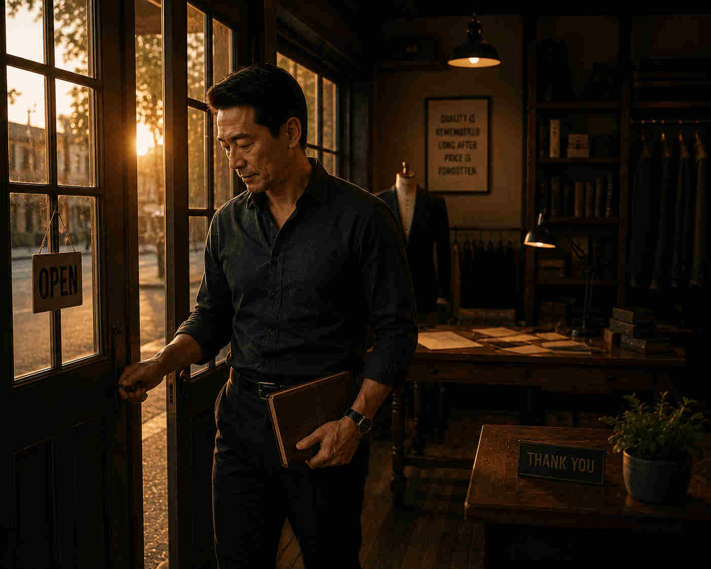 Tailor closing his shop at golden hour while carrying a notebook