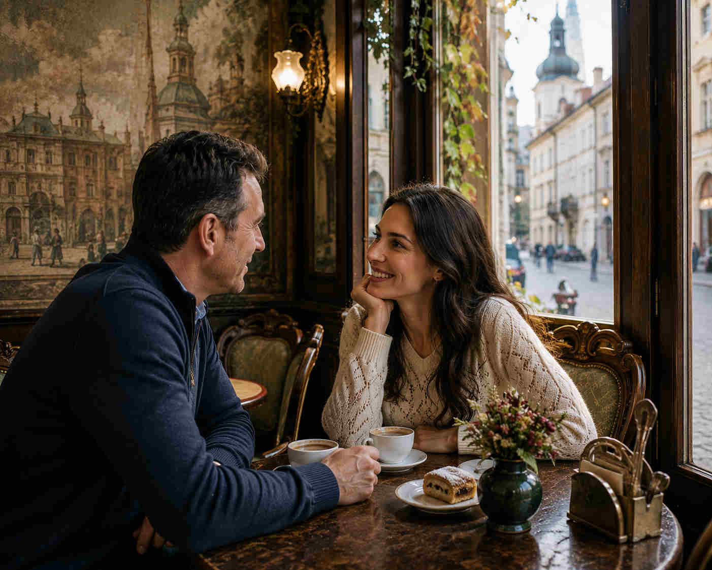 Couple having coffee in a historic cafe in Lviv Ukraine